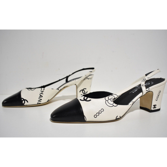 Chanel 23P Mademoisele Coco Sling White Black CC Logo Slingback Sandal Heel 40.5 - Picture 10 of 12